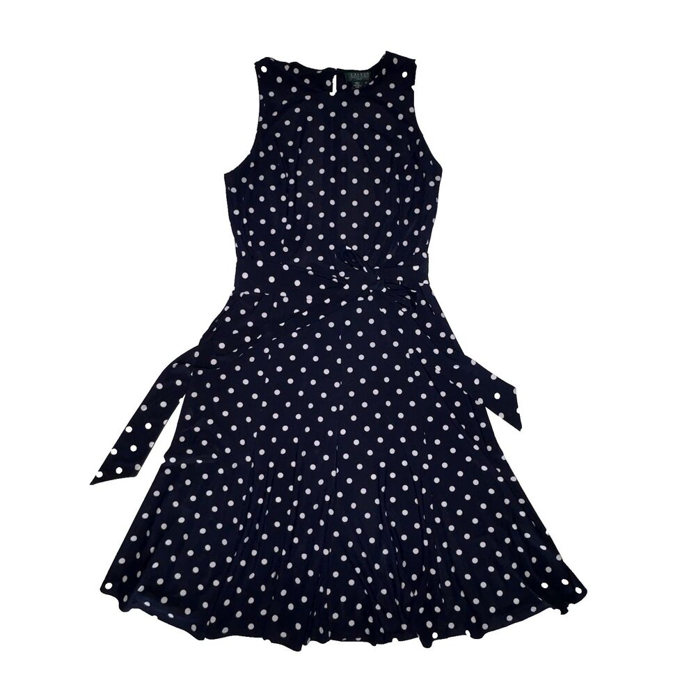 RALPH LAUREN DRESS Navy Blue White Polka Dot Size 12 Fit Flare Belt Sleeveless